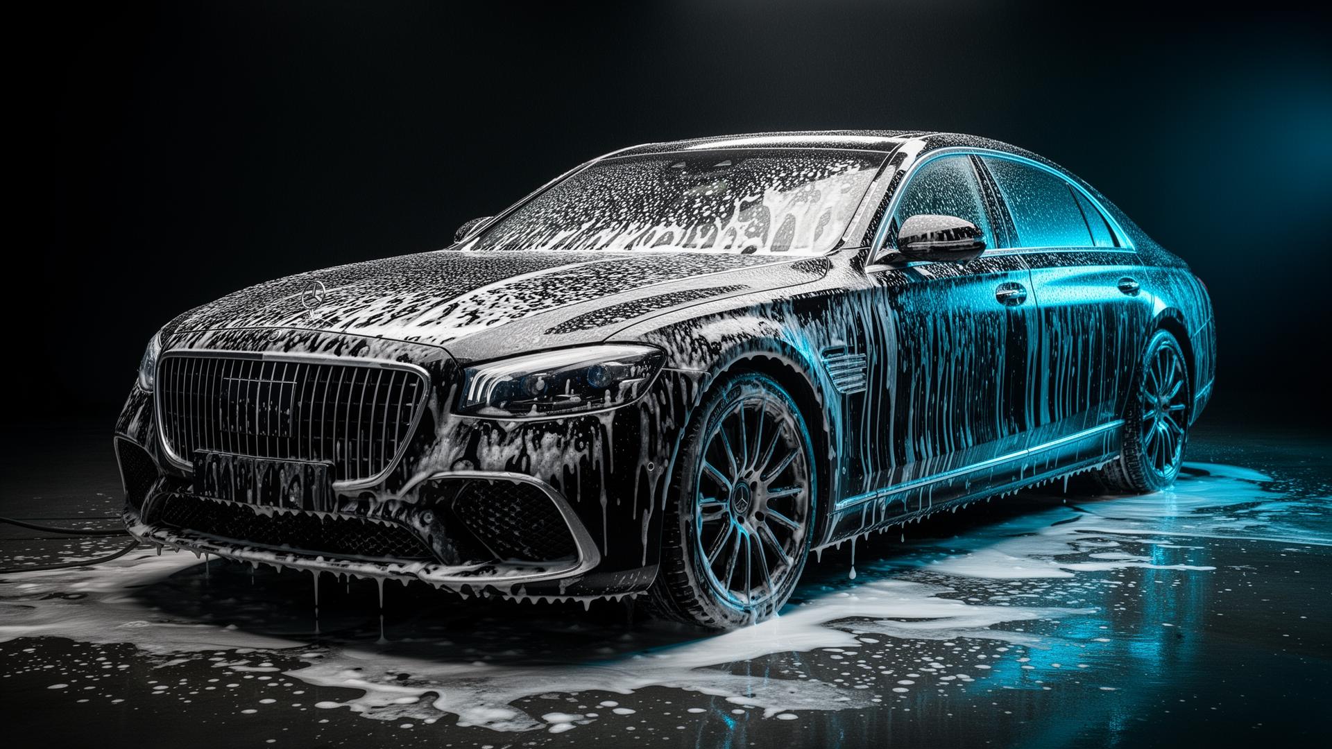Voiture noire brillante en cours de detailing automobile professionnel
